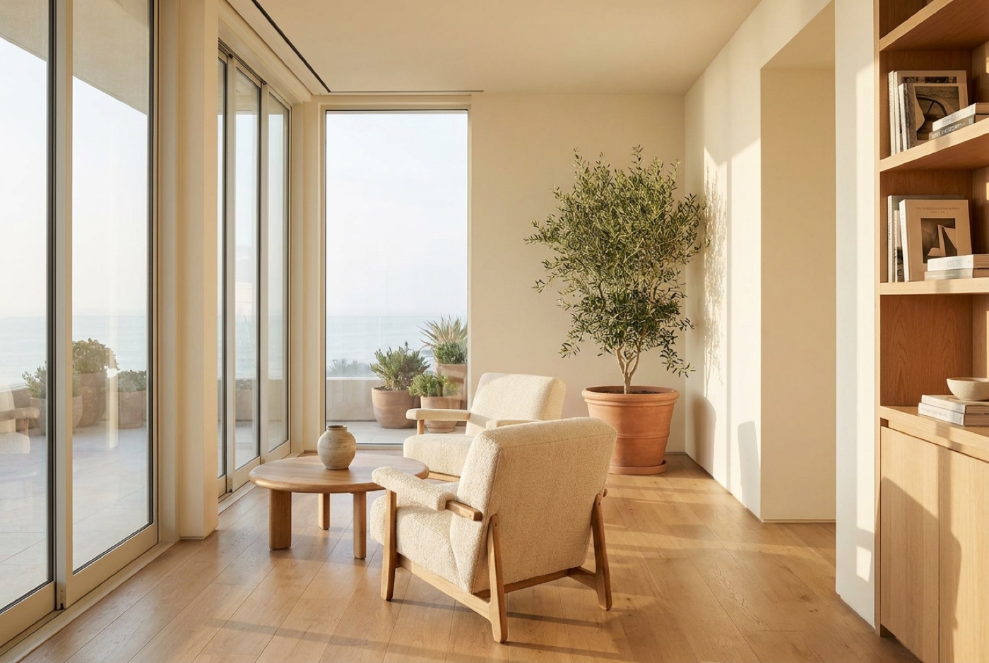 Calm coastal consultation space with warm natural light