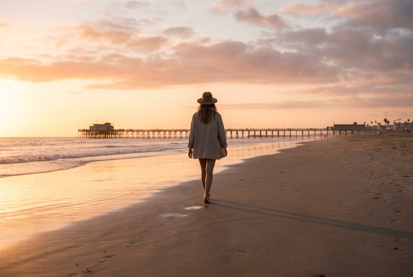 Person walking along the shoreline at sunrise near the Newport Beach pier