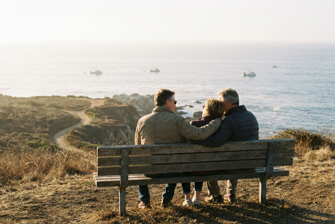 Family members supporting each other on a bench overlooking the Pacific Ocean